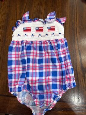 Toddler Plaid Smocked Romper with Flag Detail - Red, White & Blue